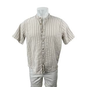 E.T.A Men's Beige Striped Relaxed Fit Short Sleeve Button Down Shirt Top Size M